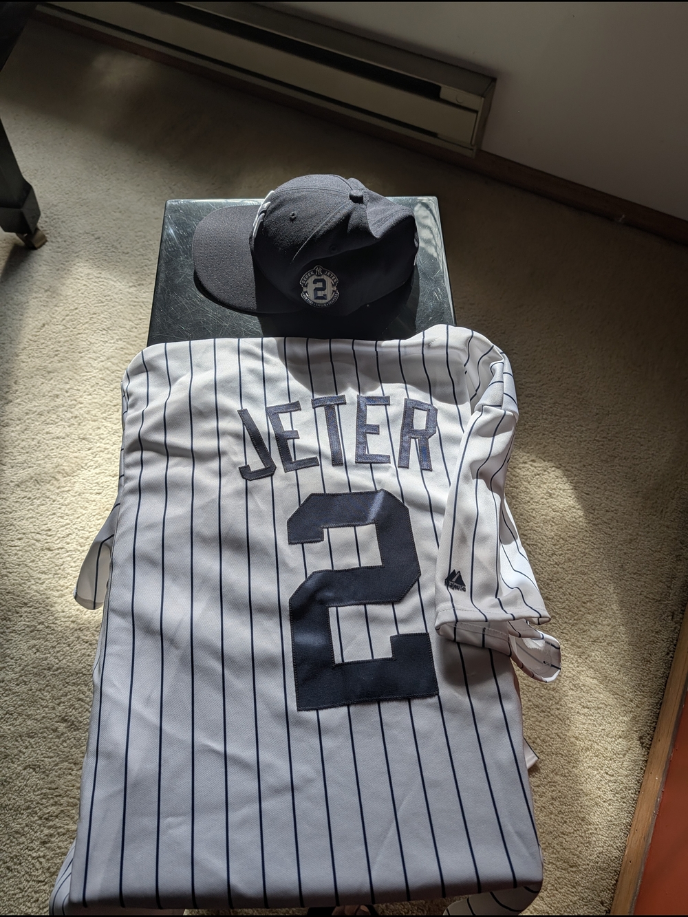 For True Yankee Fans-Majestic White Pinstripe Baseball Jersey with Navy Trim